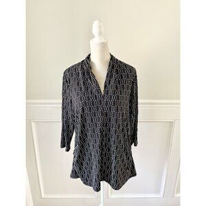 Vince Camuto 1X Black & White Printed Stretch Jersey Top With 3/4 Sleeves & Rouc
